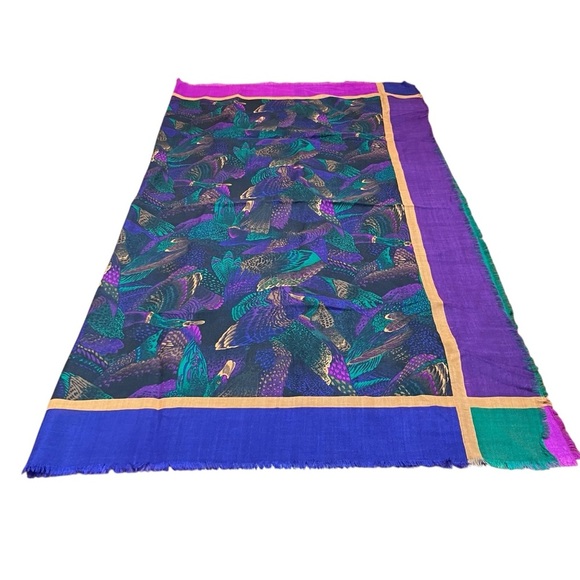 VTG LINDA ALLARD ELLEN TRACY Green Purple Gold Duck Scarf  Wrap 50” Square - Picture 1 of 7